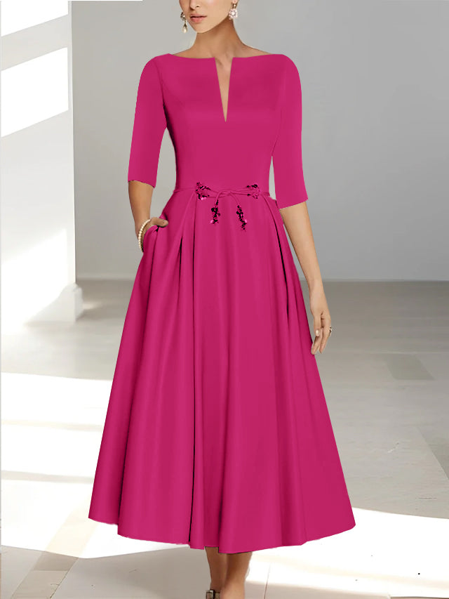 Ankle Length Mother of the Bride A Line Dress with Half Sleeves and Pockets