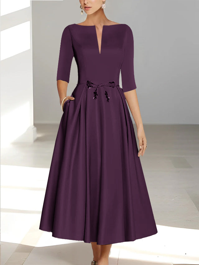 Ankle Length Mother of the Bride A Line Dress with Half Sleeves and Pockets