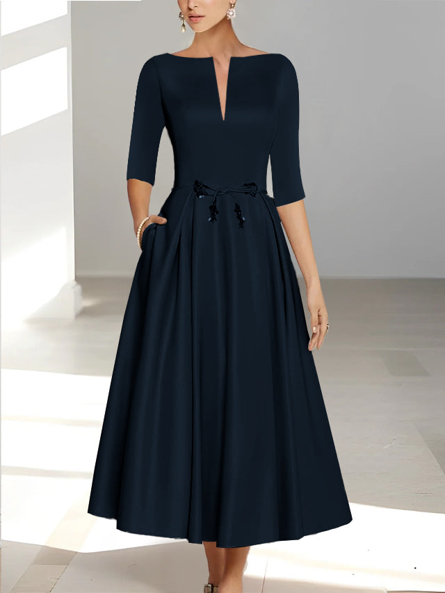 Ankle Length Mother of the Bride A Line Dress with Half Sleeves and Pockets