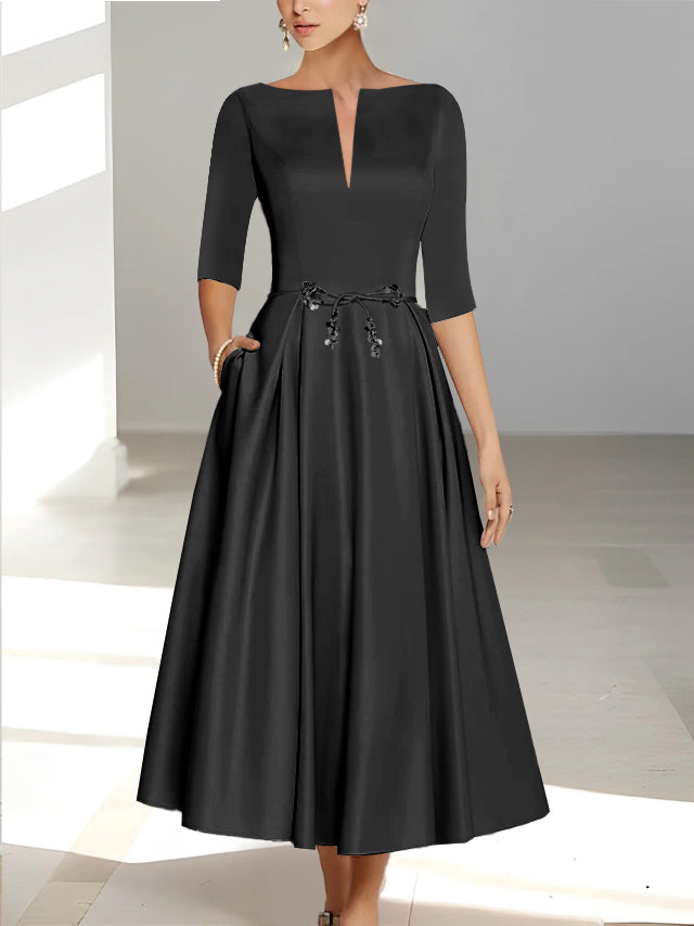 Ankle Length Mother of the Bride A Line Dress with Half Sleeves and Pockets