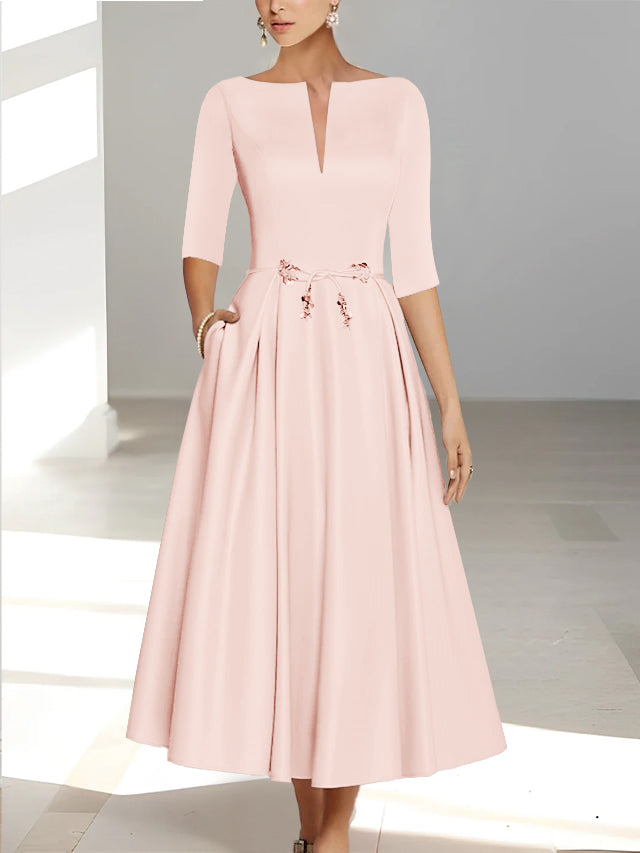 Ankle Length Mother of the Bride A Line Dress with Half Sleeves and Pockets