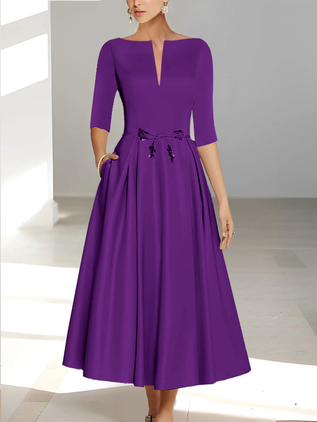 Ankle Length Mother of the Bride A Line Dress with Half Sleeves and Pockets