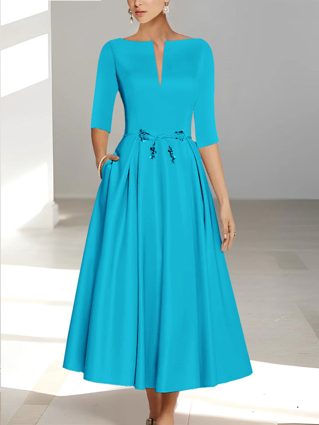 Ankle Length Mother of the Bride A Line Dress with Half Sleeves and Pockets