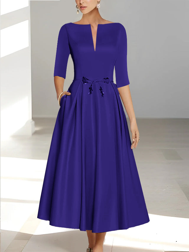 Ankle Length Mother of the Bride A Line Dress with Half Sleeves and Pockets