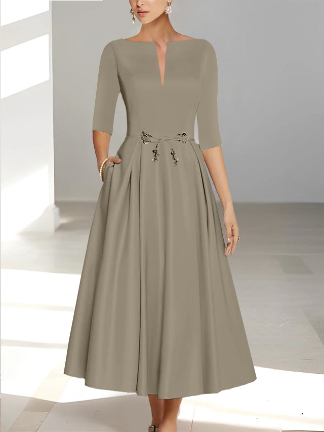 Ankle Length Mother of the Bride A Line Dress with Half Sleeves and Pockets