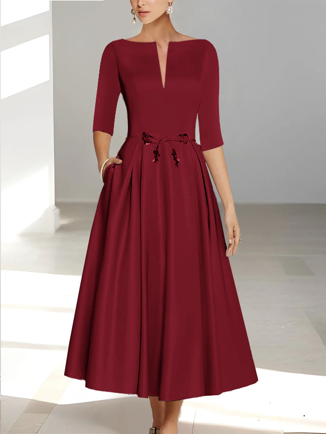 Ankle Length Mother of the Bride A Line Dress with Half Sleeves and Pockets
