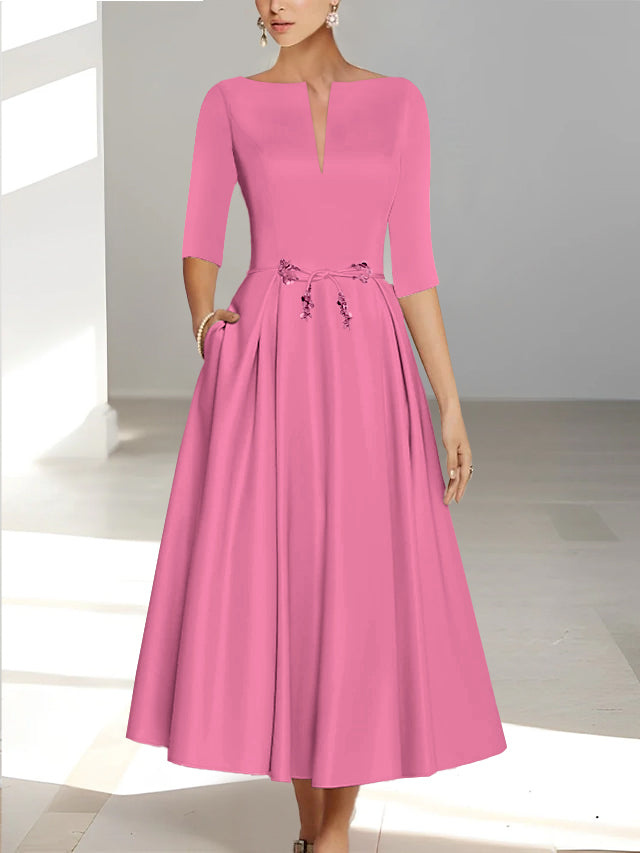 Ankle Length Mother of the Bride A Line Dress with Half Sleeves and Pockets
