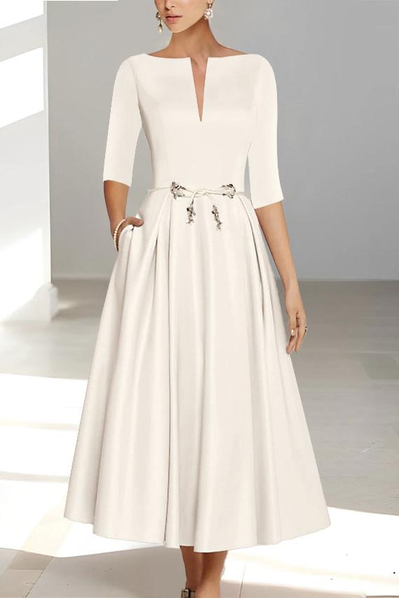 Ankle Length Mother of the Bride A Line Dress with Half Sleeves and Pockets