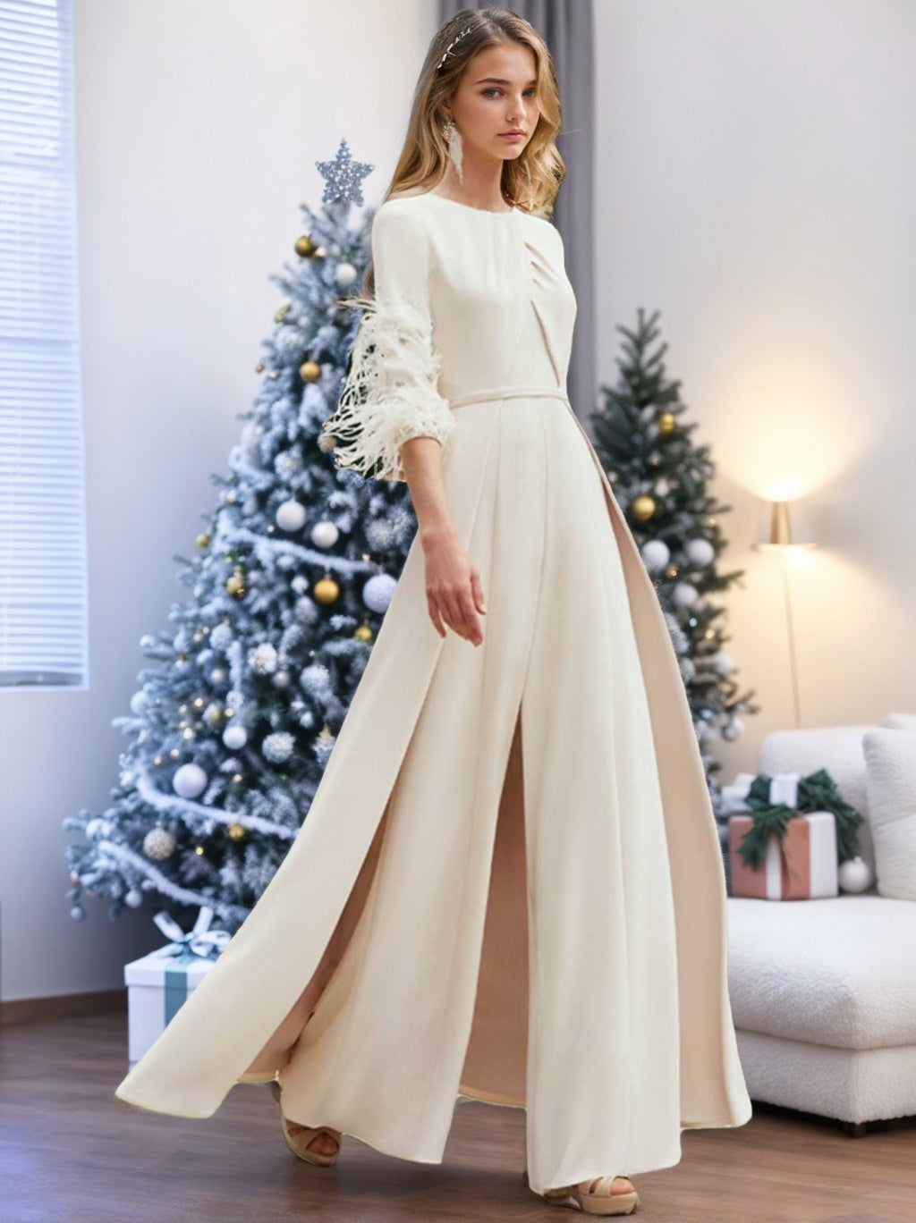 Ankle Length Mother of the Bride Feather Adorned Pantsuits with Jewel Neck and Half Sleeves