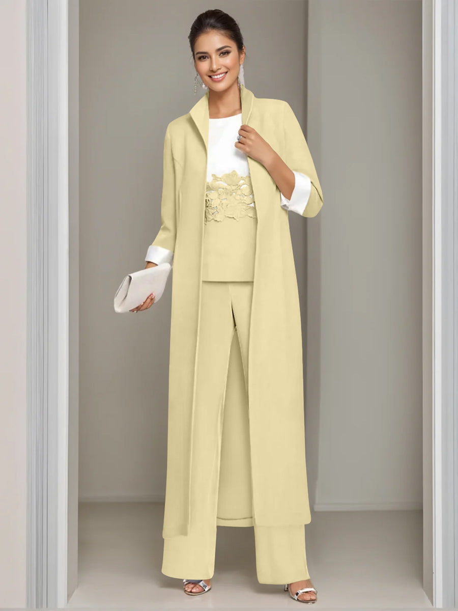 Ankle Length Mother of the Bride Pantsuits in 3 Pieces Featuring Square Neck Jacket & Lace Appliques