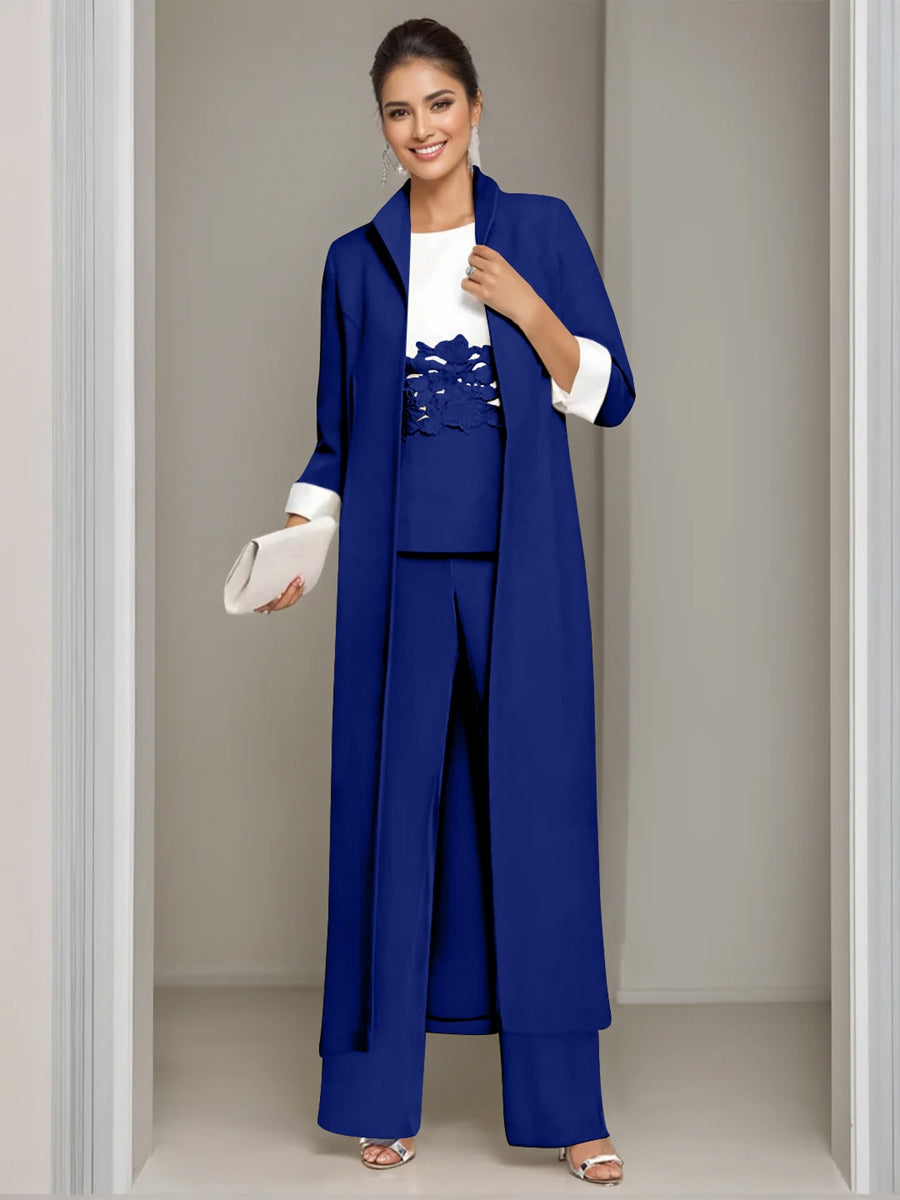 Ankle Length Mother of the Bride Pantsuits in 3 Pieces Featuring Square Neck Jacket & Lace Appliques