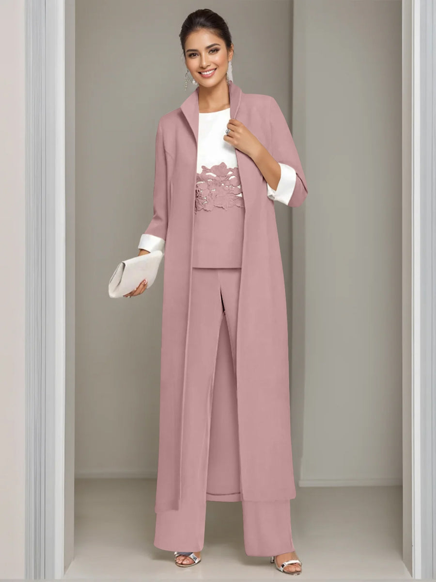 Ankle Length Mother of the Bride Pantsuits in 3 Pieces Featuring Square Neck Jacket & Lace Appliques