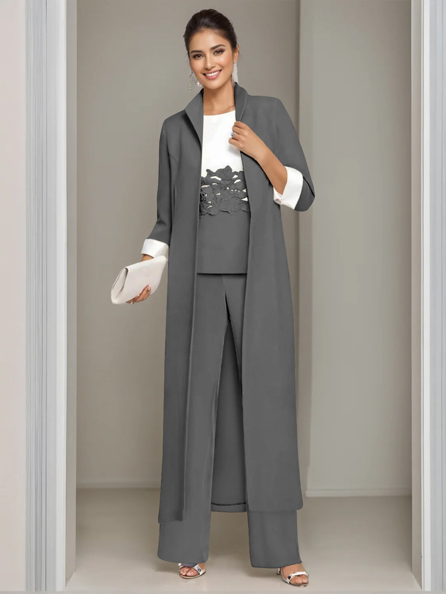 Ankle Length Mother of the Bride Pantsuits in 3 Pieces Featuring Square Neck Jacket & Lace Appliques