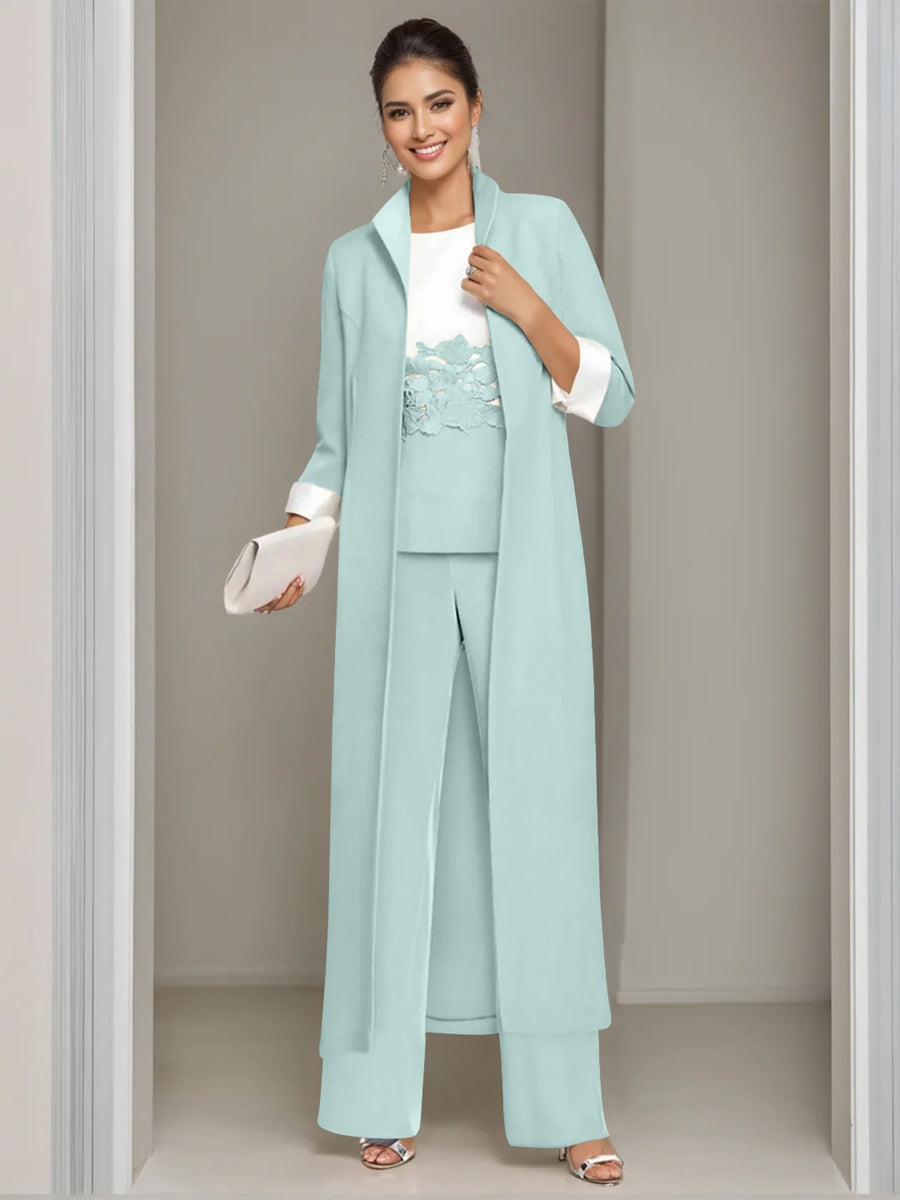 Ankle Length Mother of the Bride Pantsuits in 3 Pieces Featuring Square Neck Jacket & Lace Appliques