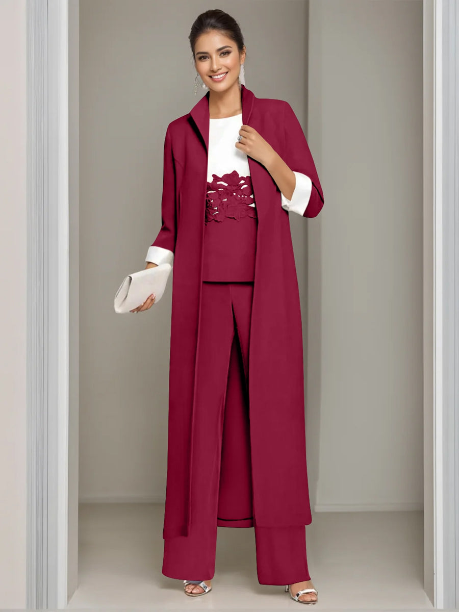 Ankle Length Mother of the Bride Pantsuits in 3 Pieces Featuring Square Neck Jacket & Lace Appliques