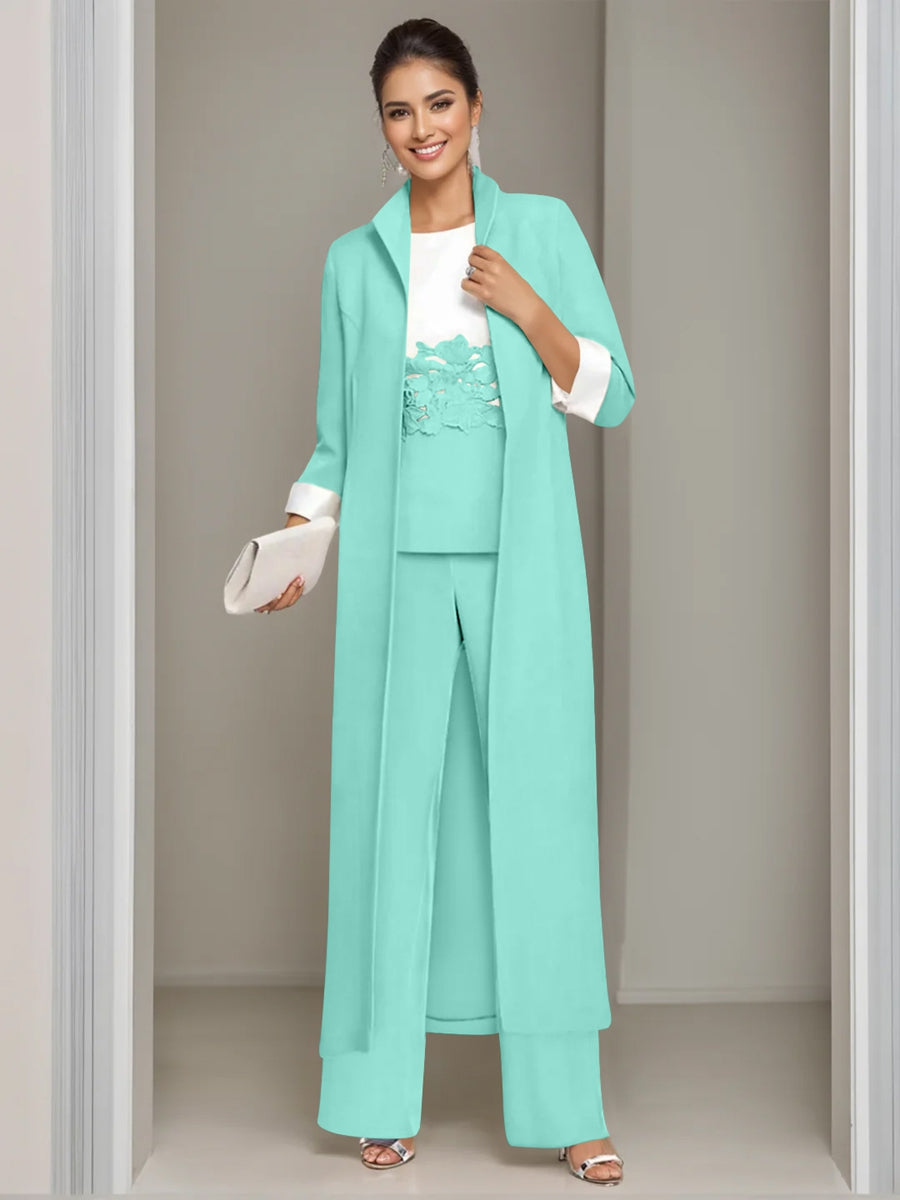 Ankle Length Mother of the Bride Pantsuits in 3 Pieces Featuring Square Neck Jacket & Lace Appliques