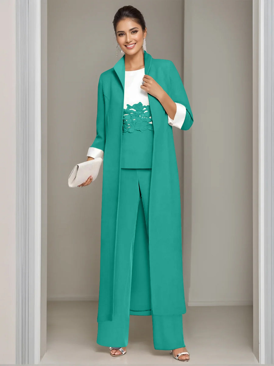 Ankle Length Mother of the Bride Pantsuits in 3 Pieces Featuring Square Neck Jacket & Lace Appliques