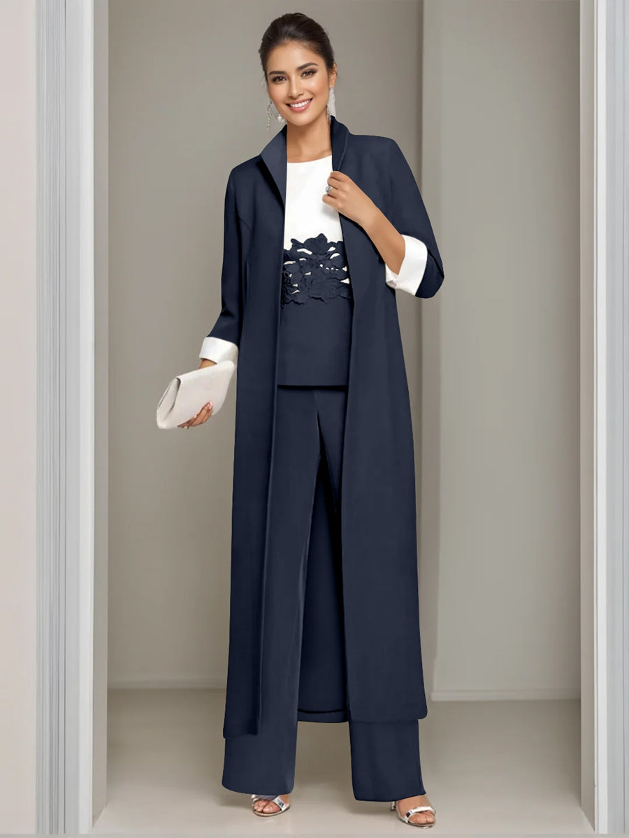Ankle Length Mother of the Bride Pantsuits in 3 Pieces Featuring Square Neck Jacket & Lace Appliques