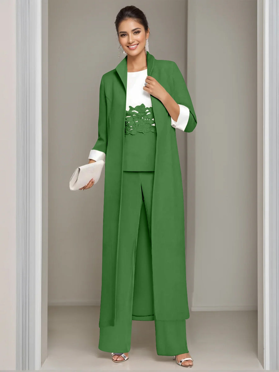 Ankle Length Mother of the Bride Pantsuits in 3 Pieces Featuring Square Neck Jacket & Lace Appliques
