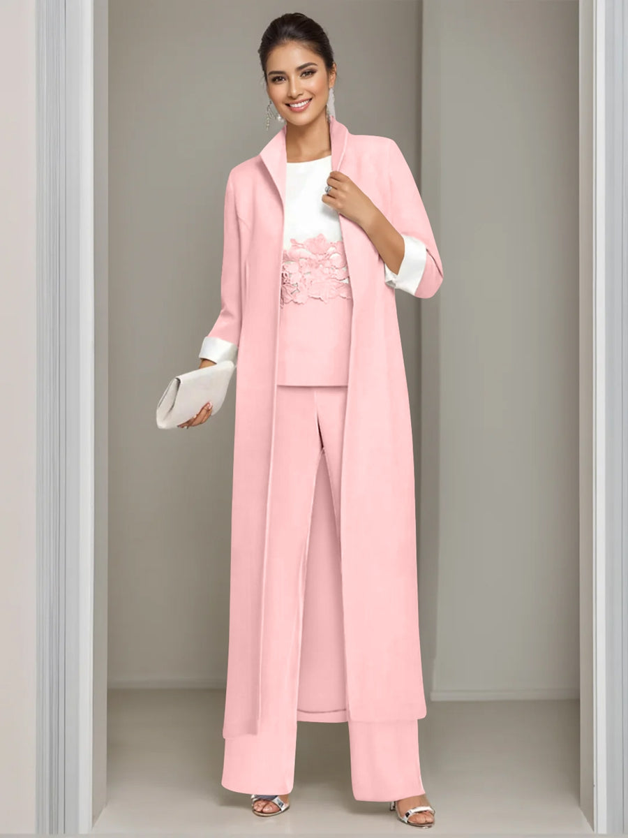 Ankle Length Mother of the Bride Pantsuits in 3 Pieces Featuring Square Neck Jacket & Lace Appliques