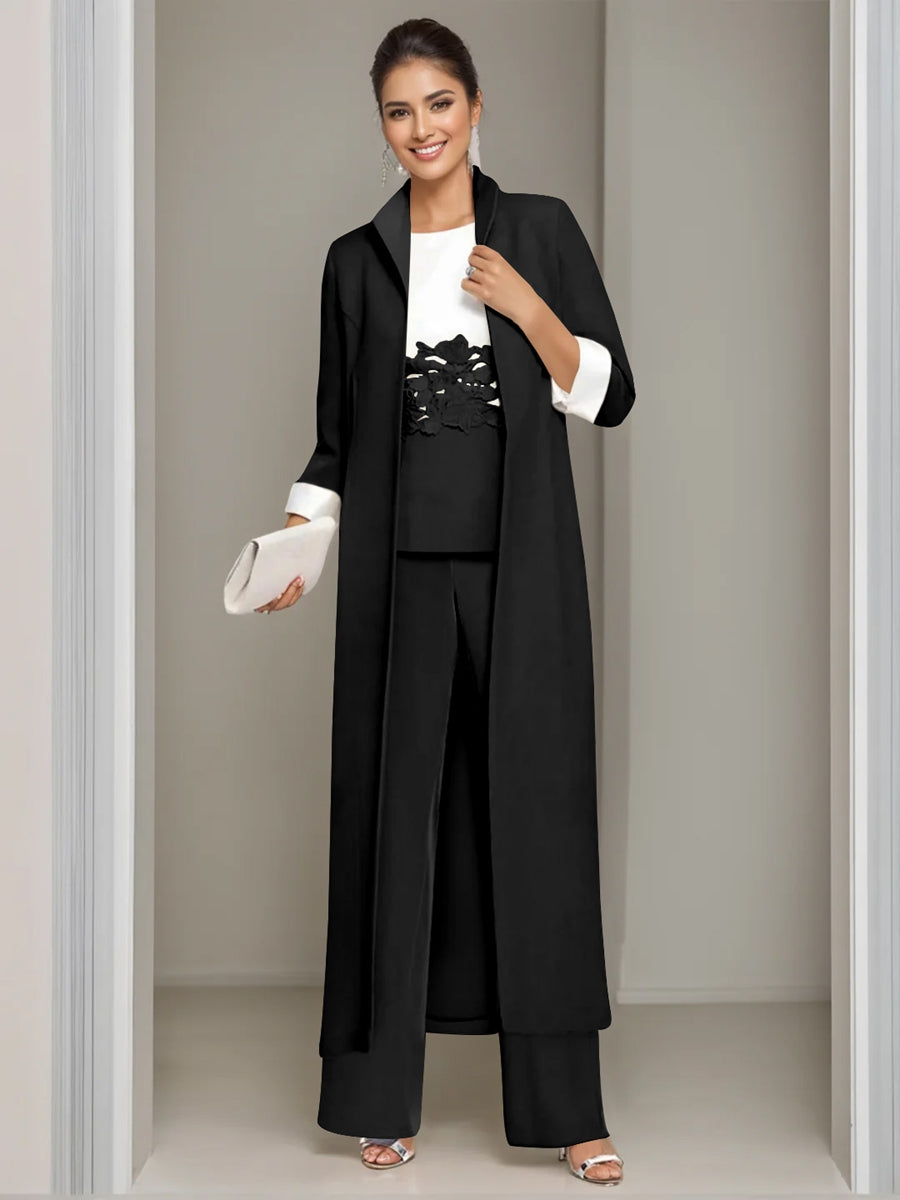 Ankle Length Mother of the Bride Pantsuits in 3 Pieces Featuring Square Neck Jacket & Lace Appliques