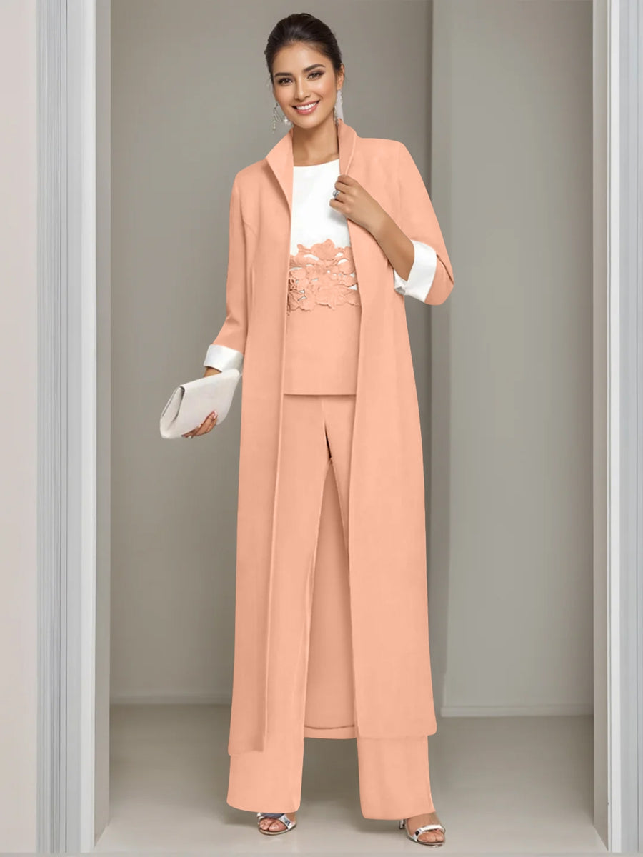 Ankle Length Mother of the Bride Pantsuits in 3 Pieces Featuring Square Neck Jacket & Lace Appliques