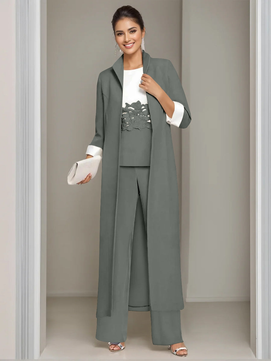 Ankle Length Mother of the Bride Pantsuits in 3 Pieces Featuring Square Neck Jacket & Lace Appliques