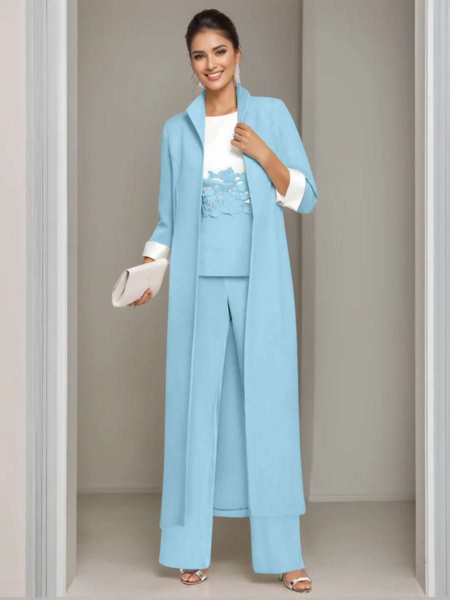 Ankle Length Mother of the Bride Pantsuits in 3 Pieces Featuring Square Neck Jacket & Lace Appliques