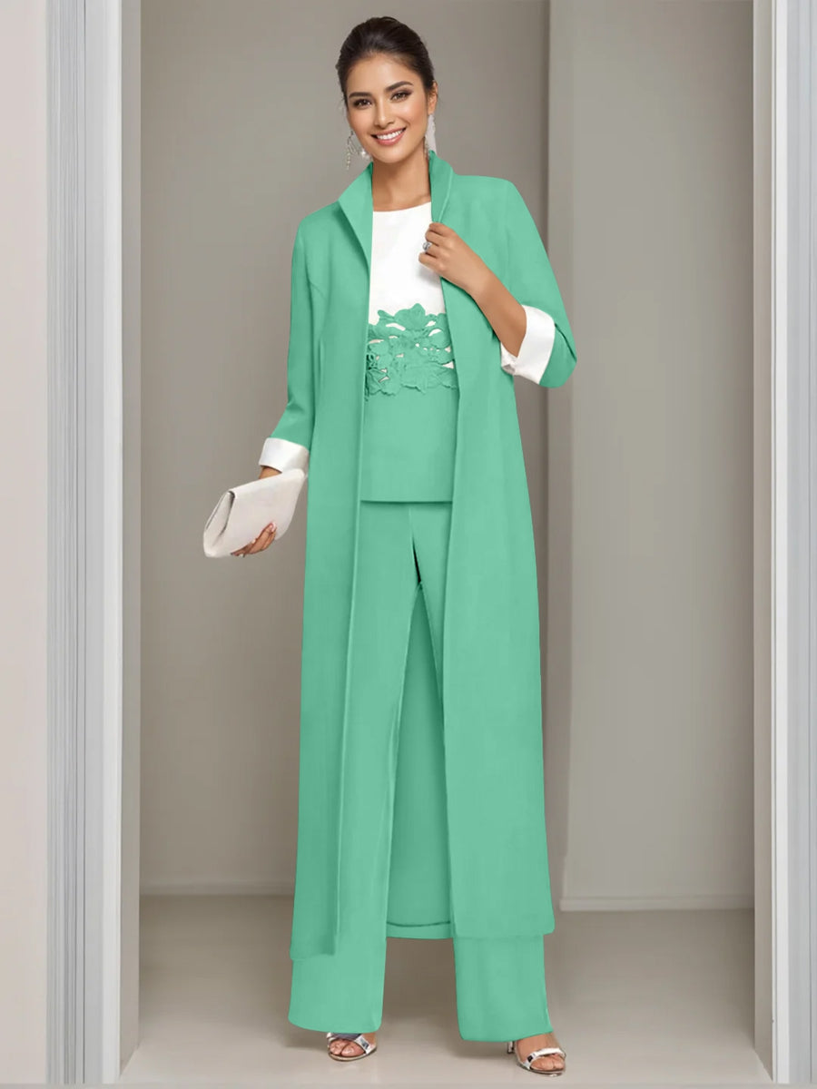 Ankle Length Mother of the Bride Pantsuits in 3 Pieces Featuring Square Neck Jacket & Lace Appliques