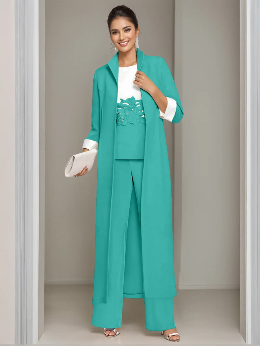 Ankle Length Mother of the Bride Pantsuits in 3 Pieces Featuring Square Neck Jacket & Lace Appliques