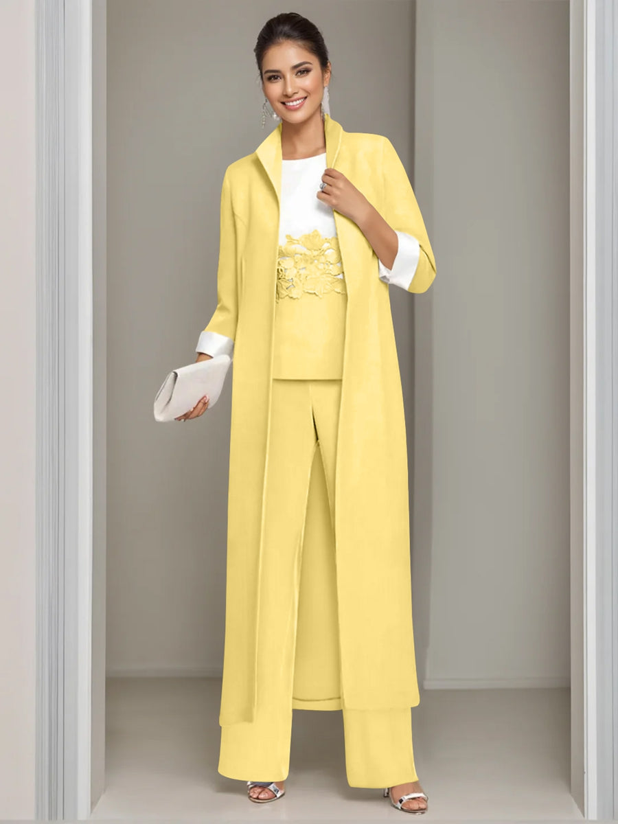 Ankle Length Mother of the Bride Pantsuits in 3 Pieces Featuring Square Neck Jacket & Lace Appliques