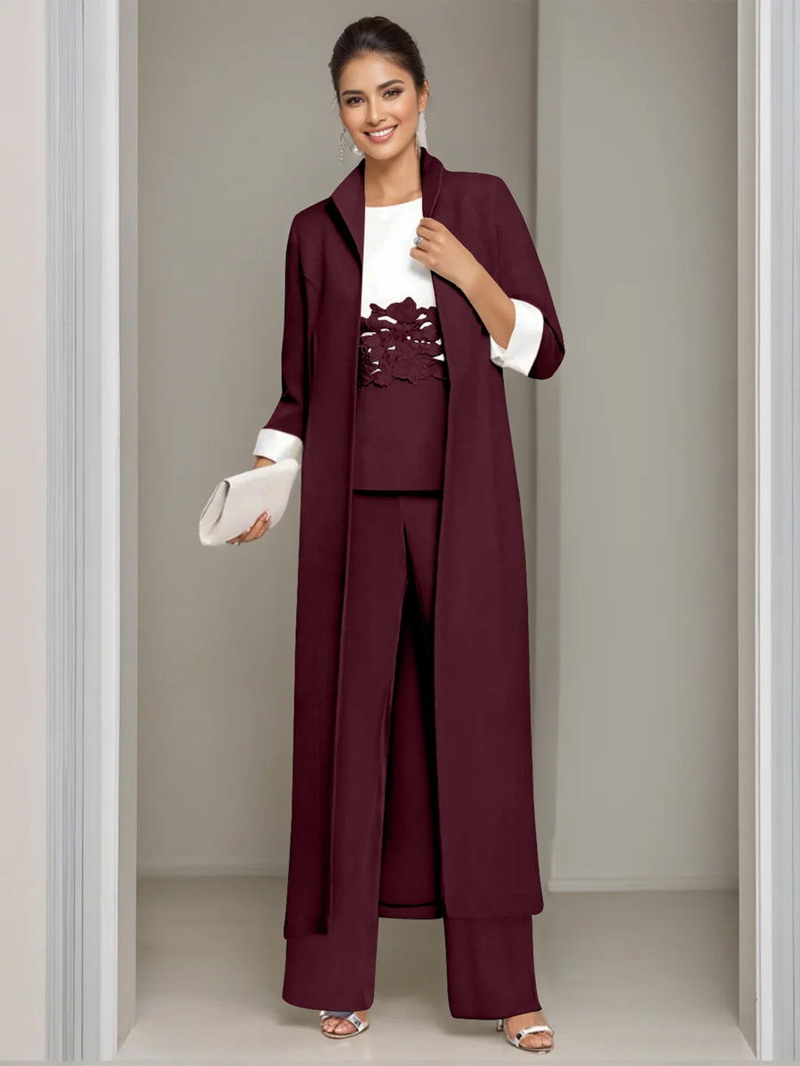 Ankle Length Mother of the Bride Pantsuits in 3 Pieces Featuring Square Neck Jacket & Lace Appliques