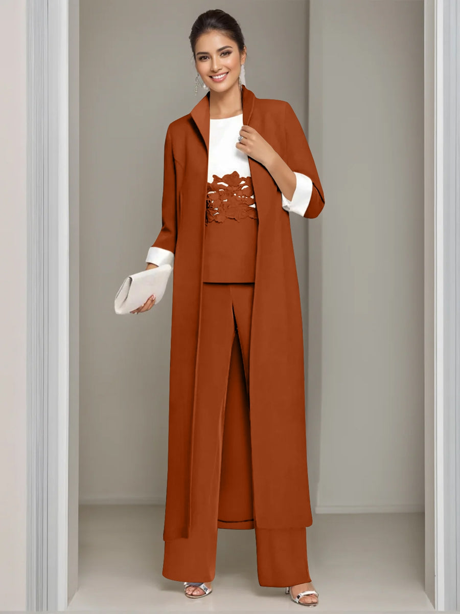 Ankle Length Mother of the Bride Pantsuits in 3 Pieces Featuring Square Neck Jacket & Lace Appliques