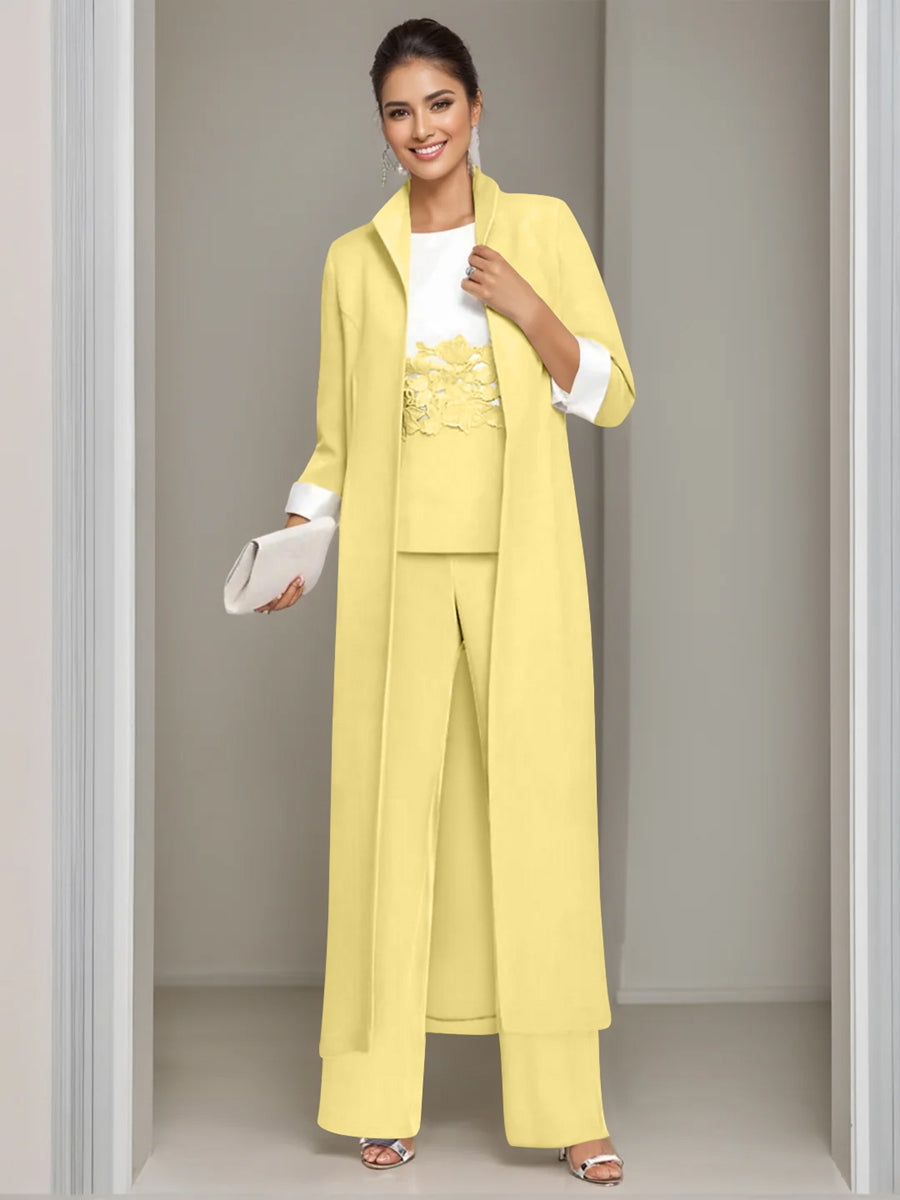 Ankle Length Mother of the Bride Pantsuits in 3 Pieces Featuring Square Neck Jacket & Lace Appliques