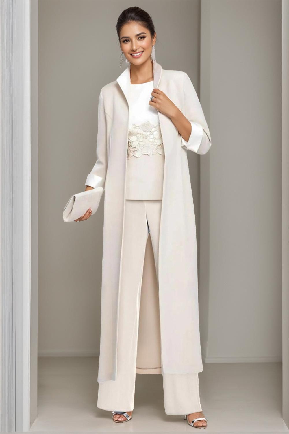 Ankle Length Mother of the Bride Pantsuits in 3 Pieces Featuring Square Neck Jacket & Lace Appliques