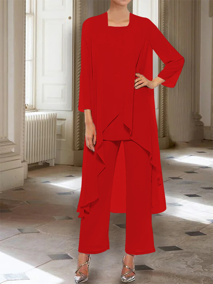 Ankle Length Mother of the Bride Pantsuits with Jacket in Chiffon Round Neck and 3/4 Sleeves