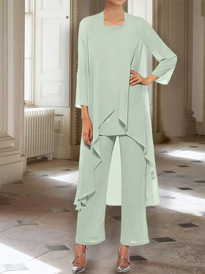 Ankle Length Mother of the Bride Pantsuits with Jacket in Chiffon Round Neck and 3/4 Sleeves