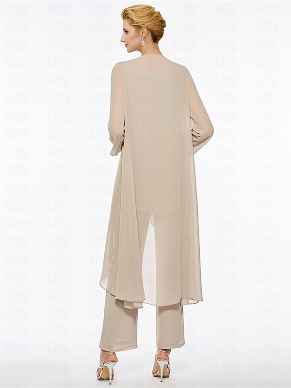 Ankle Length Mother of the Bride Pantsuits with Jacket in Chiffon Round Neck and 3/4 Sleeves