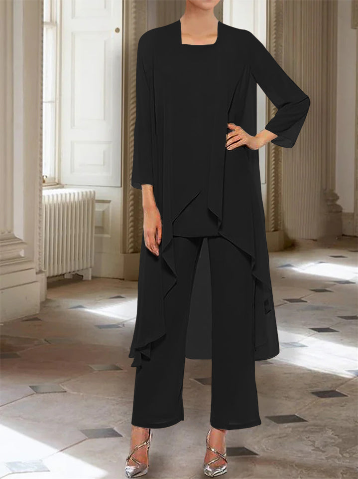 Ankle Length Mother of the Bride Pantsuits with Jacket in Chiffon Round Neck and 3/4 Sleeves