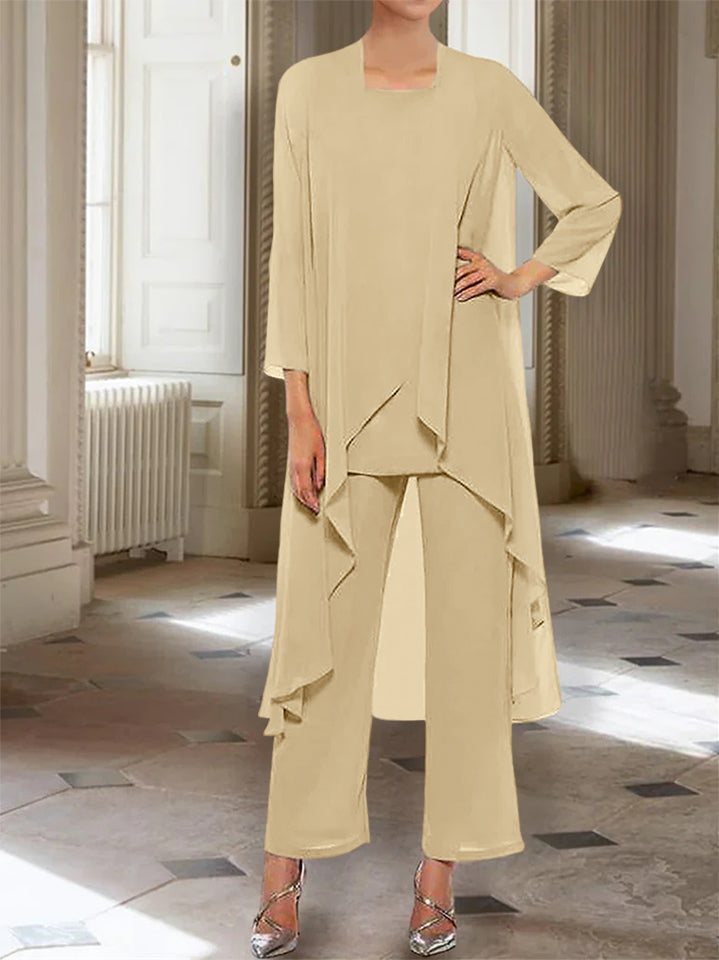 Ankle Length Mother of the Bride Pantsuits with Jacket in Chiffon Round Neck and 3/4 Sleeves