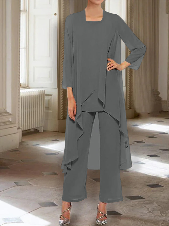Ankle Length Mother of the Bride Pantsuits with Jacket in Chiffon Round Neck and 3/4 Sleeves