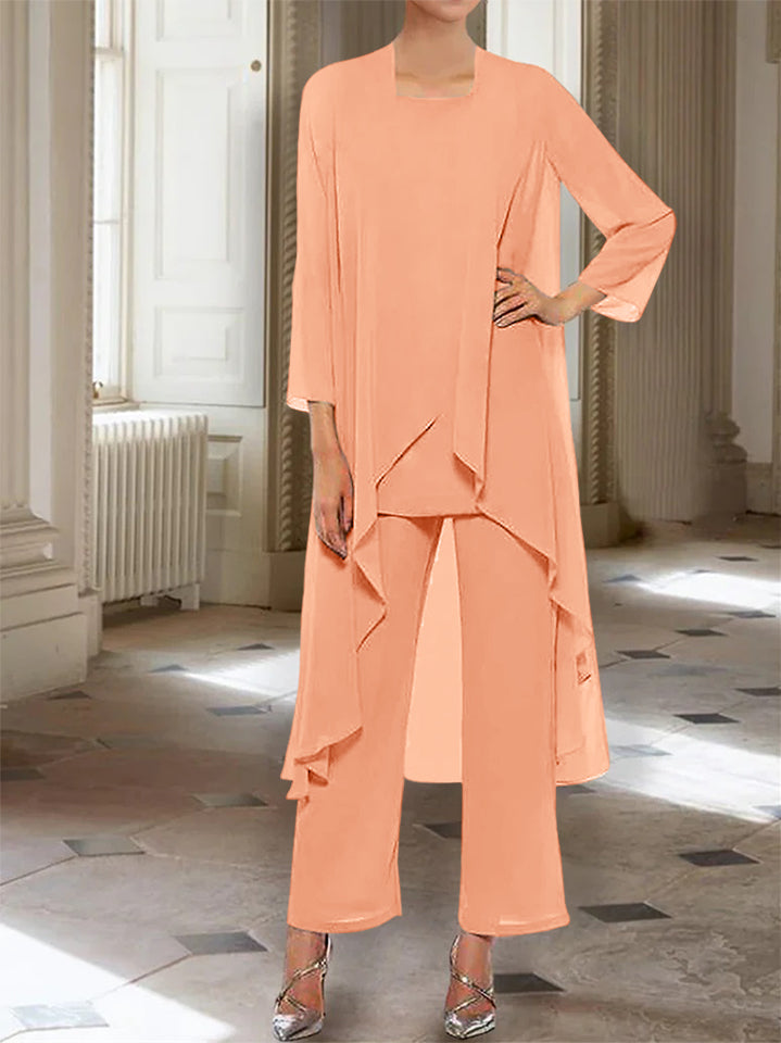 Ankle Length Mother of the Bride Pantsuits with Jacket in Chiffon Round Neck and 3/4 Sleeves