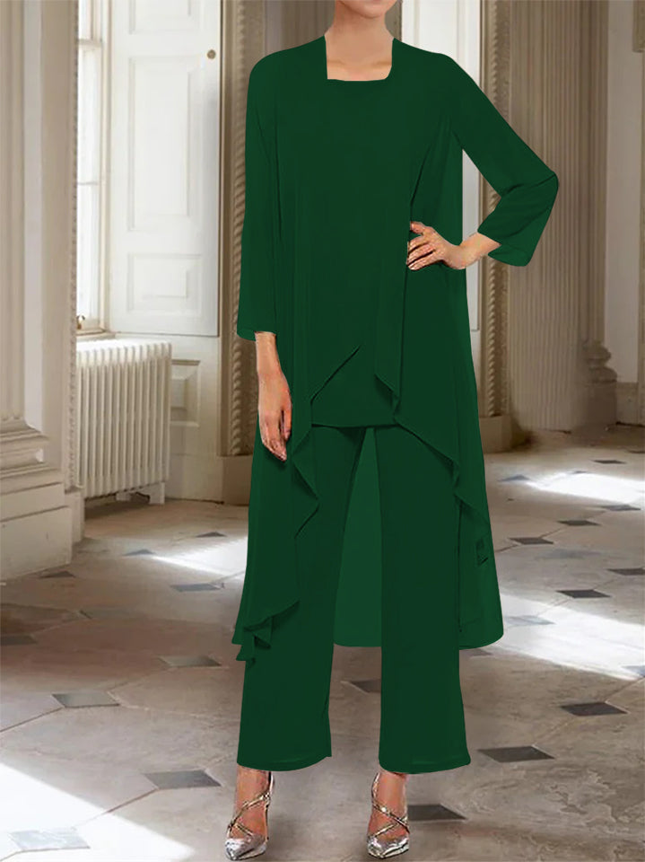 Ankle Length Mother of the Bride Pantsuits with Jacket in Chiffon Round Neck and 3/4 Sleeves