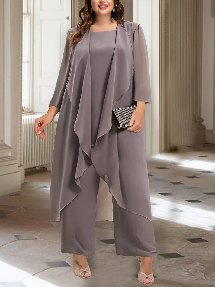 Ankle Length Mother of the Bride Pantsuits with Jacket in Chiffon Round Neck and 3/4 Sleeves