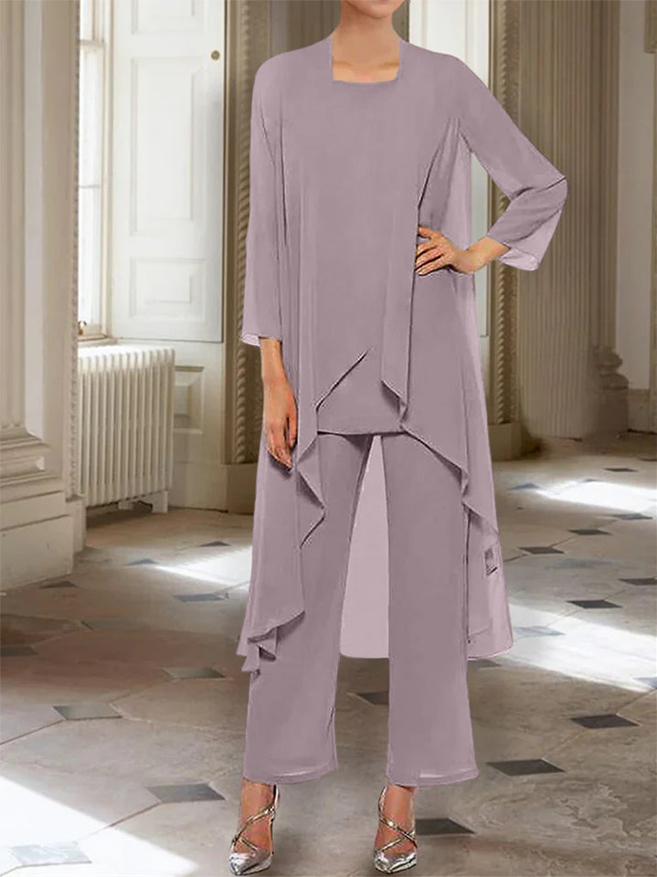 Ankle Length Mother of the Bride Pantsuits with Jacket in Chiffon Round Neck and 3/4 Sleeves