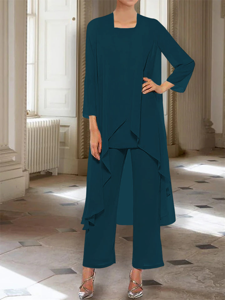 Ankle Length Mother of the Bride Pantsuits with Jacket in Chiffon Round Neck and 3/4 Sleeves