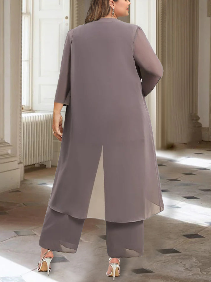 Ankle Length Mother of the Bride Pantsuits with Jacket in Chiffon Round Neck and 3/4 Sleeves