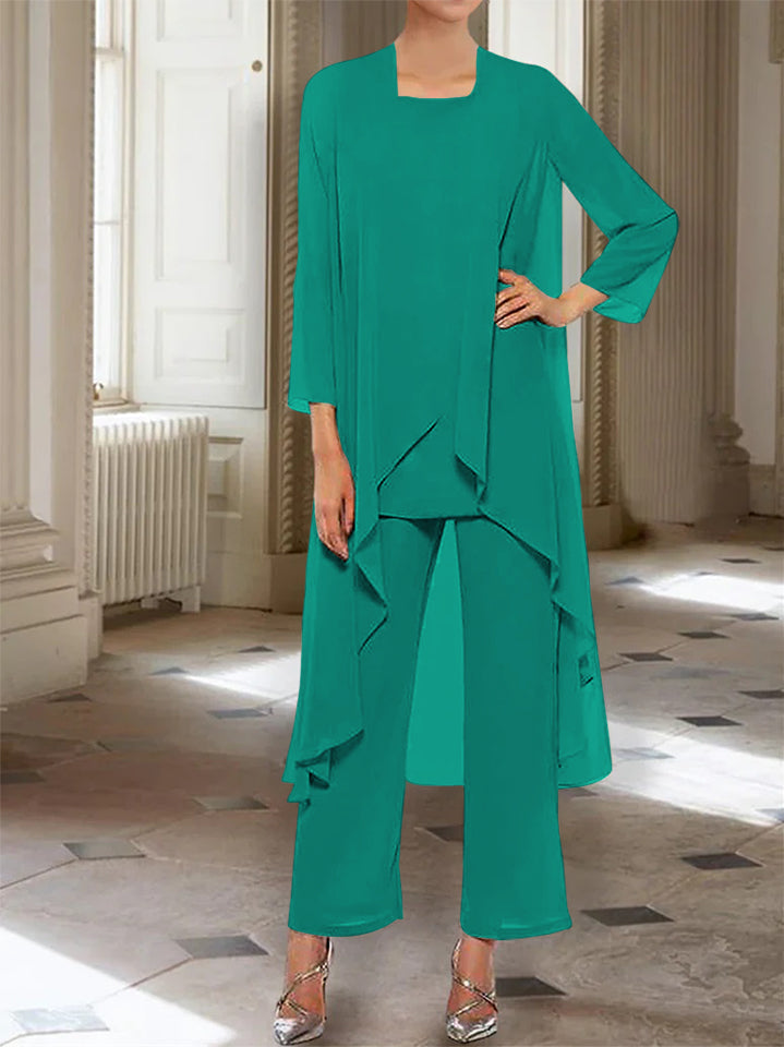 Ankle Length Mother of the Bride Pantsuits with Jacket in Chiffon Round Neck and 3/4 Sleeves