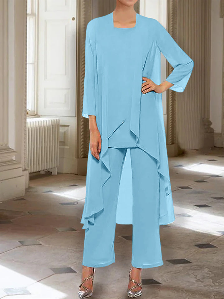 Ankle Length Mother of the Bride Pantsuits with Jacket in Chiffon Round Neck and 3/4 Sleeves