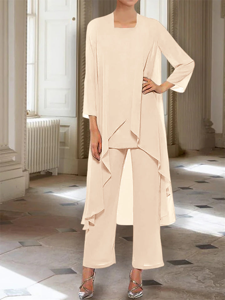 Ankle Length Mother of the Bride Pantsuits with Jacket in Chiffon Round Neck and 3/4 Sleeves